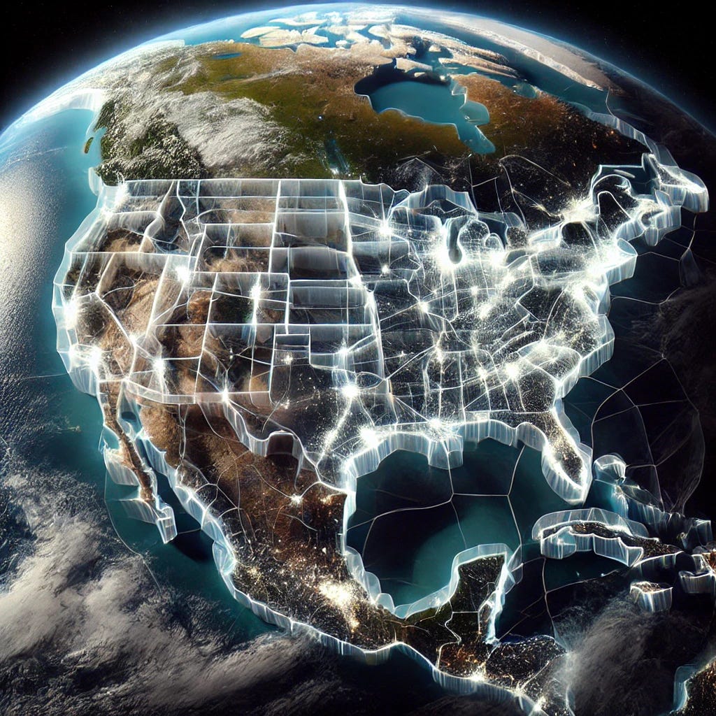 A highly realistic satellite view of Earth, showing the continents and oceans in vivid detail, as seen from space. Instead of traditional political borders, the surface of the Earth is densely divided by an extensive network of towering, hologram-like walls that protrude from the land. These translucent walls have a glowing white hue and intricately segment the entire habitable landmass into countless territorial divisions. The walls are more numerous, covering nearly all state boundaries, creating a visually striking representation of human-made borders. Some walls are isolated, while others interconnect, forming a complex web of ethereal divisions. The translucent quality allows the land beneath to be faintly visible, emphasizing the contrast between natural geography and imposed social and political boundaries. The lighting remains soft and natural, reflecting the curvature of the Earth and enhancing the futuristic, surreal aesthetic of the territorial demarcations.