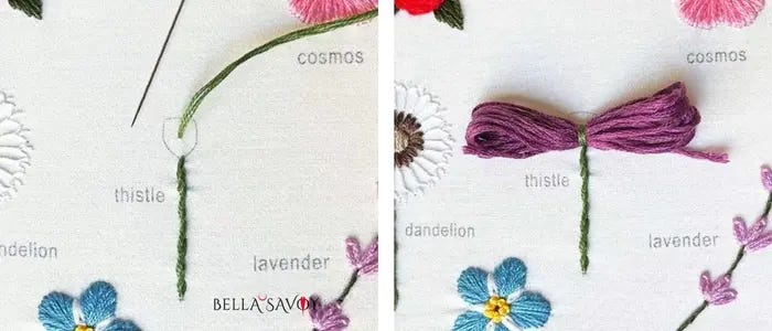 stem stitch on left, stem stitch wih loops attached horizontally at the top
