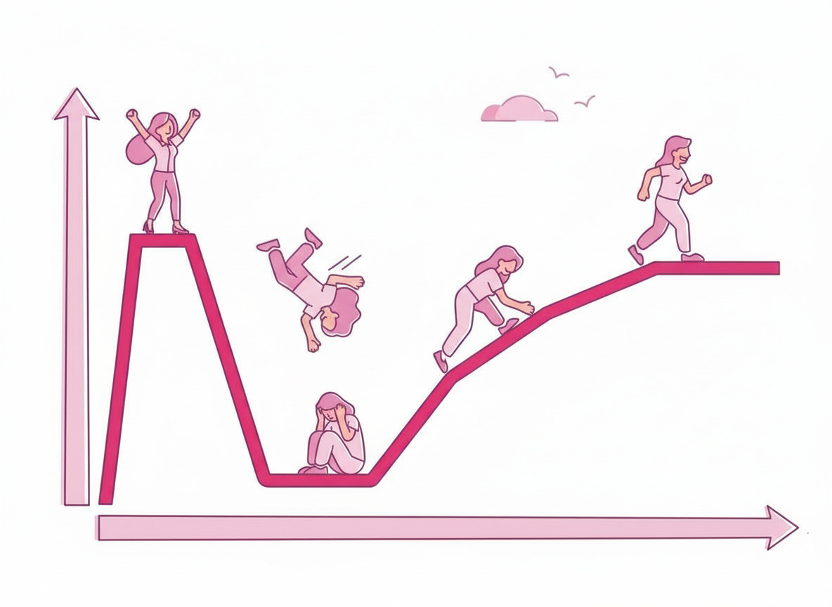 Text-free pink Dunning-Kruger effect illustration with feminine curvy women. Text-free pink Dunning-Kruger effect illustration with feminine curvy women.