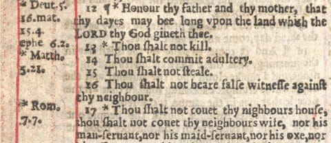 A page from the "Wicked Bible", with the commandment reading "Thou shalt commit adultery"