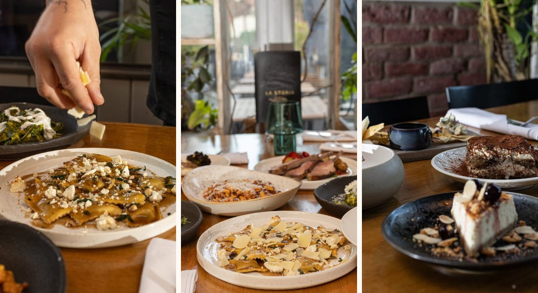 Three pictures of Italian food - one of a plate of pasta having cheese sprinkled on it, one of plates of pasta on a table, and one of dessert plates on a table Three pictures of Italian food - one of a plate of pasta having cheese sprinkled on it, one of plates of pasta on a table, and one of dessert plates on a table