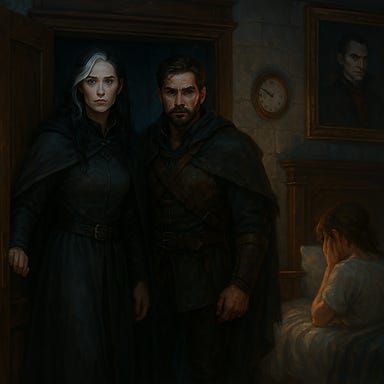 Create a dark fantasy image of Clarion and Fleetwood emerging together from a small wooden closet door inside Castle Ravenloft’s guest room. Clarion is tall and statuesque with long black hair featuring a single white streak, pale skin, strong sculpted features, and storm‑silver eyes. She wears deep midnight‑blue and charcoal garments with silver accents, evoking a priestess‑warrior presence. Fleetwood stands beside her, broad‑shouldered with a powerful build, angular features, dark intense eyes, and dark brown hair with a short well‑kept beard. His clothing is practical and worn—dark leathers, forest greens, and muted blacks. The room around them is dimly lit by flickering candlelight and a low fire, with gothic stone walls, heavy shadows, and a sense of Barovian gloom. Their expressions should convey resolve and quiet intensity as they step into the dreamlike space.