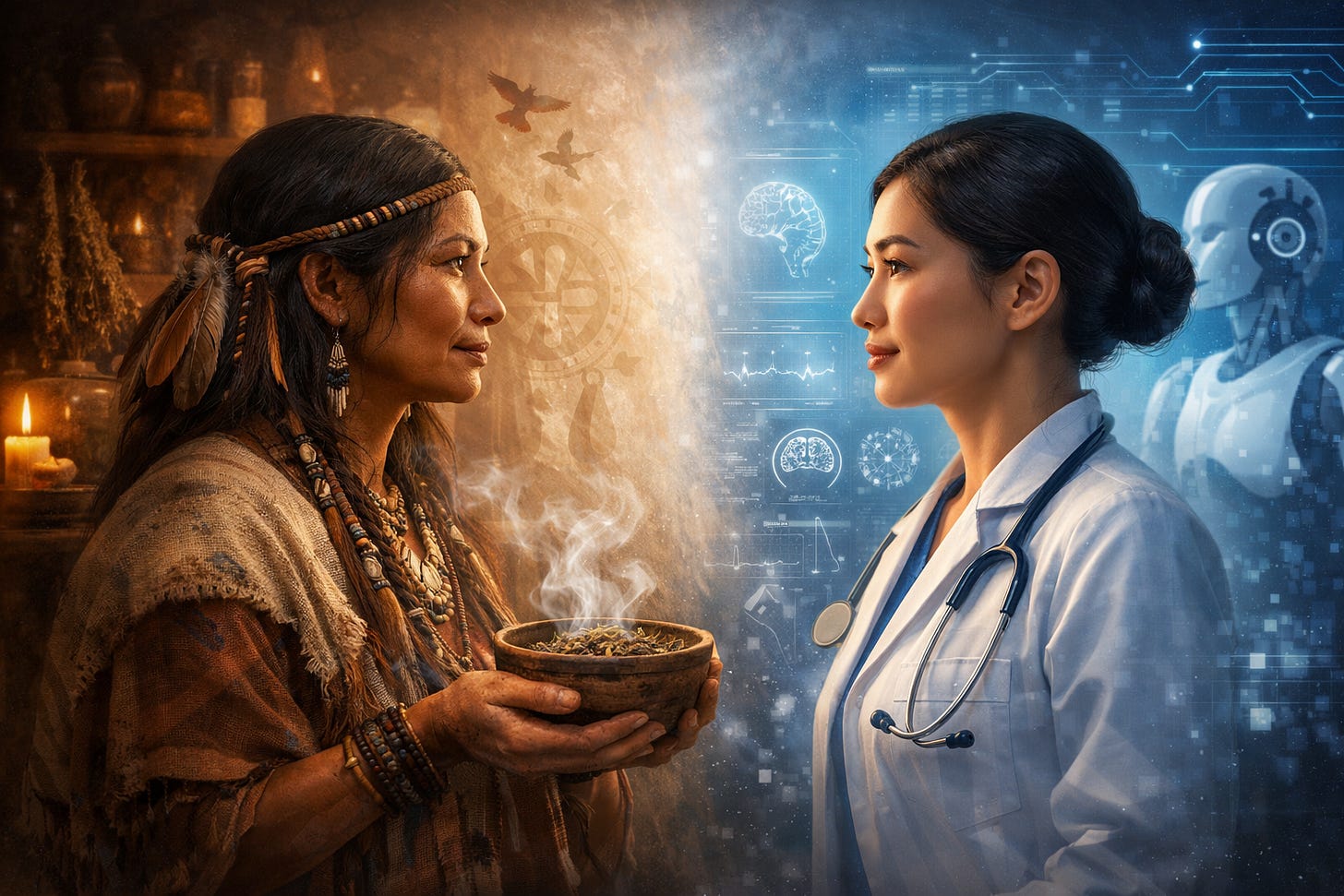 A digital illustration showing an ancient medicine woman and a modern AI physician facing each other, separated by a glowing transition that blends earthy tradition with futuristic technology. The medicine woman holds a smoking bowl of herbs; the physician wears a white lab coat with holographic medical data behind her.