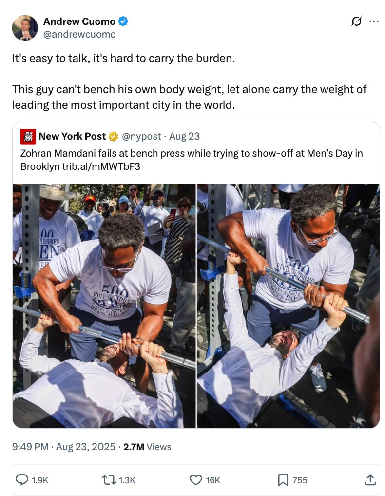 It's easy to talk, it's hard to carry the burden. This guy can't bench his own body weight, let alone carry the weight of leading the most important city in the world. Zohran Mamdani fails at bench press while trying to show-off at Men’s Day in Brooklyn https://trib.al/mMWTbF3 It's easy to talk, it's hard to carry the burden. This guy can't bench his own body weight, let alone carry the weight of leading the most important city in the world. Zohran Mamdani fails at bench press while trying to show-off at Men’s Day in Brooklyn https://trib.al/mMWTbF3