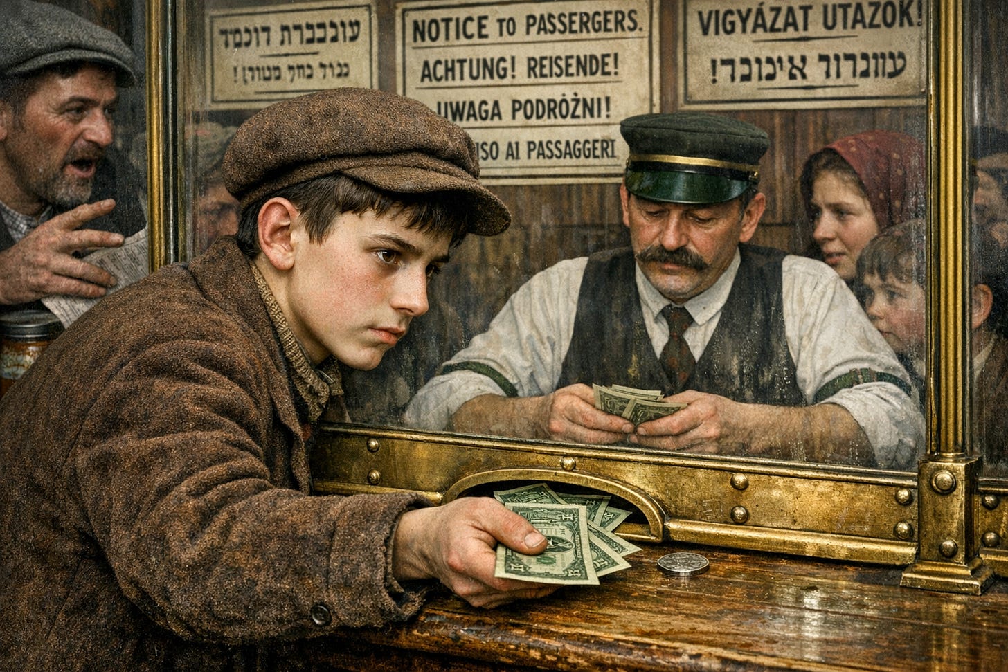 Image Prompt: Hyperrealistic color photograph in 16x9 landscape format, observer perspective at railroad ticket office exchange window 1905 , 16yearold Polish boy at thick glass partition window in center foreground, brown wool jacket, brown cloth cap, short dark hair, pale gaunt face leaning forward toward window, brown eyes focused on transaction, pushing greentinted American dollar bills under brass slot at bottom of glass partition, right hand extended showing bills, clerk behind glass in white shirt with green elastic arm garters and green visor, middleaged with mustache, counting money with both hands, silver nickel coin visible on wooden counter, multilingual warning signs on wall behind clerk in ornate frames text in English, German, Yiddish, Italian, Polish, Hungarian visible in black text on cream paper, other immigrants crowded around both sides of window Hungarian family in worn clothing gesturing and arguing, man in gray cap holding newspaper with pickled herring visible, woman in burgundy headscarf with children, wooden counter worn smooth, brass fittings on glass partition showing fingerprints and smudges.png Image Prompt: Hyperrealistic color photograph in 16x9 landscape format, observer perspective at railroad ticket office exchange window 1905 , 16yearold Polish boy at thick glass partition window in center foreground, brown wool jacket, brown cloth cap, short dark hair, pale gaunt face leaning forward toward window, brown eyes focused on transaction, pushing greentinted American dollar bills under brass slot at bottom of glass partition, right hand extended showing bills, clerk behind glass in white shirt with green elastic arm garters and green visor, middleaged with mustache, counting money with both hands, silver nickel coin visible on wooden counter, multilingual warning signs on wall behind clerk in ornate frames text in English, German, Yiddish, Italian, Polish, Hungarian visible in black text on cream paper, other immigrants crowded around both sides of window Hungarian family in worn clothing gesturing and arguing, man in gray cap holding newspaper with pickled herring visible, woman in burgundy headscarf with children, wooden counter worn smooth, brass fittings on glass partition showing fingerprints and smudges.png