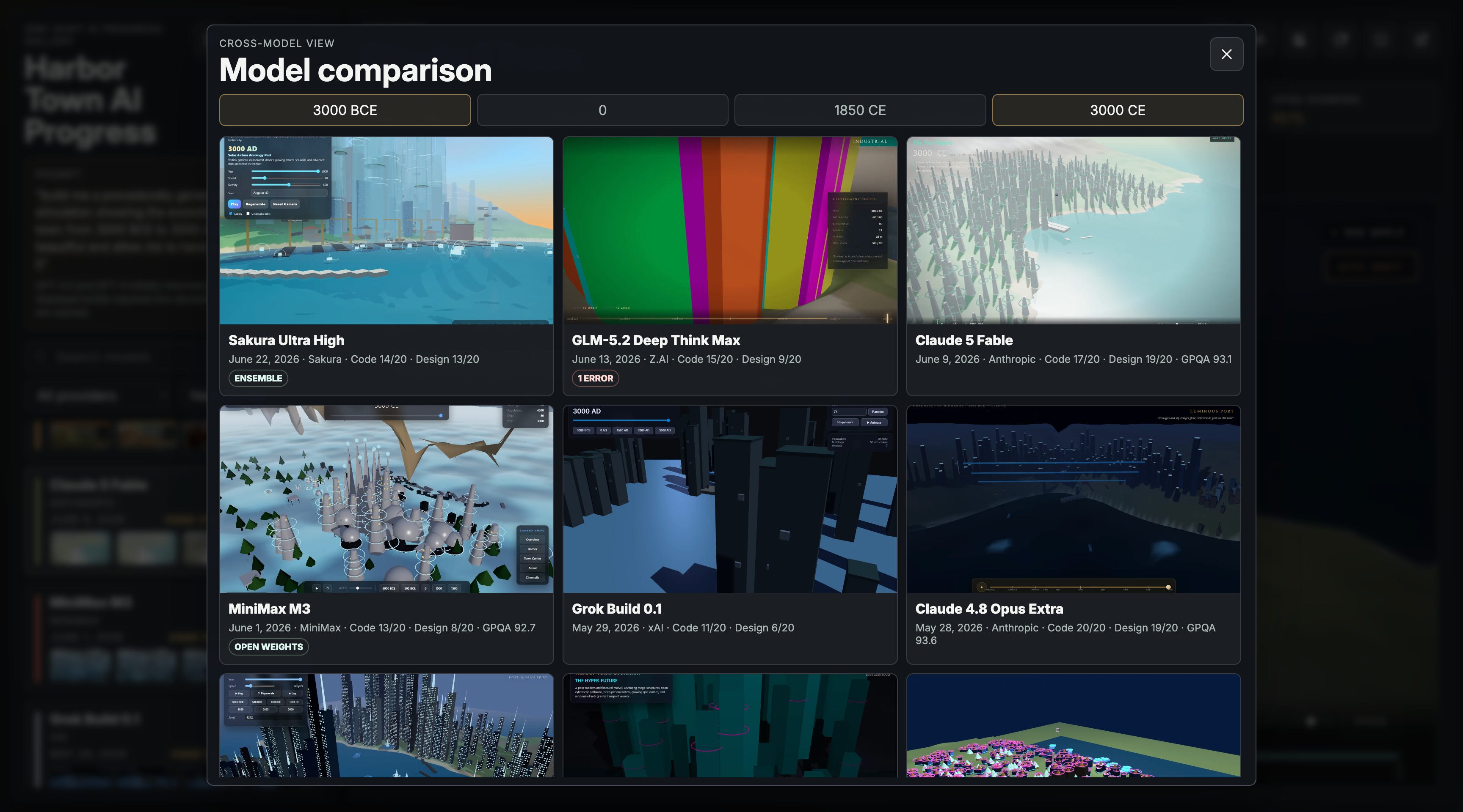 Harbor town simulations built by different AI models