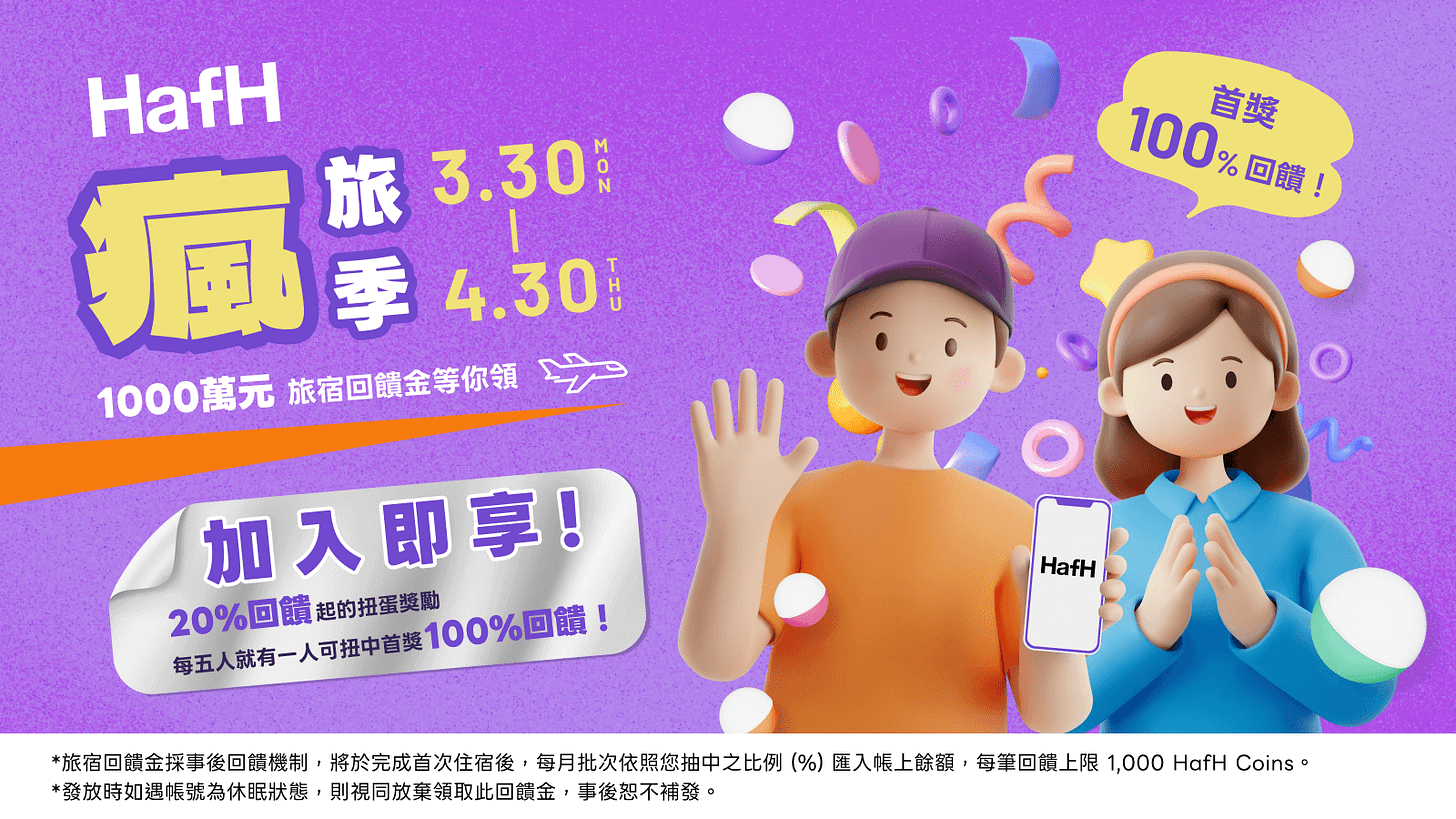 HafH 瘋旅季！現在加入即享 20% 起旅宿回饋金，每五人就有一人可以抽中 100% 回饋！