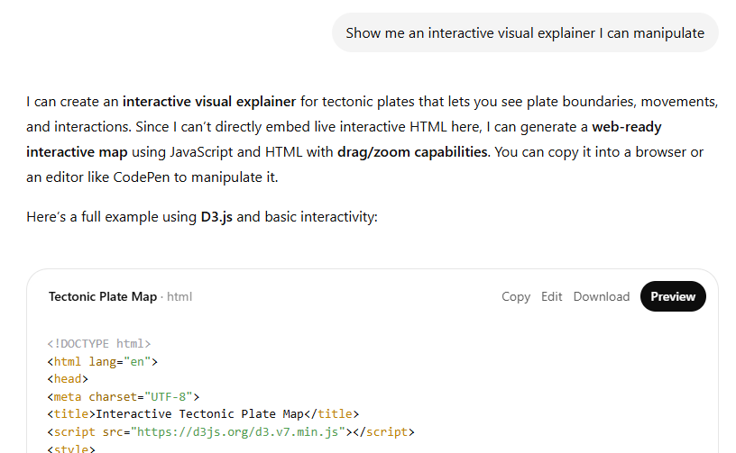 ChatGPT's D3.js tectonic plate map showing unlabeled colorful rectangles arranged in a grid with small directional arrows and a legend for boundary types, bearing no resemblance to actual plate geography or continental shapes