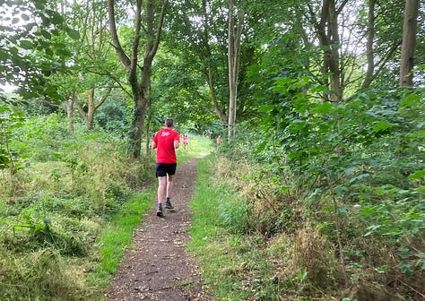 Green all around on a mixture of mud, grass and hard paths