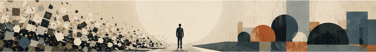 A person faces abstract geometric shapes and scattered squares beneath a large pale sun.