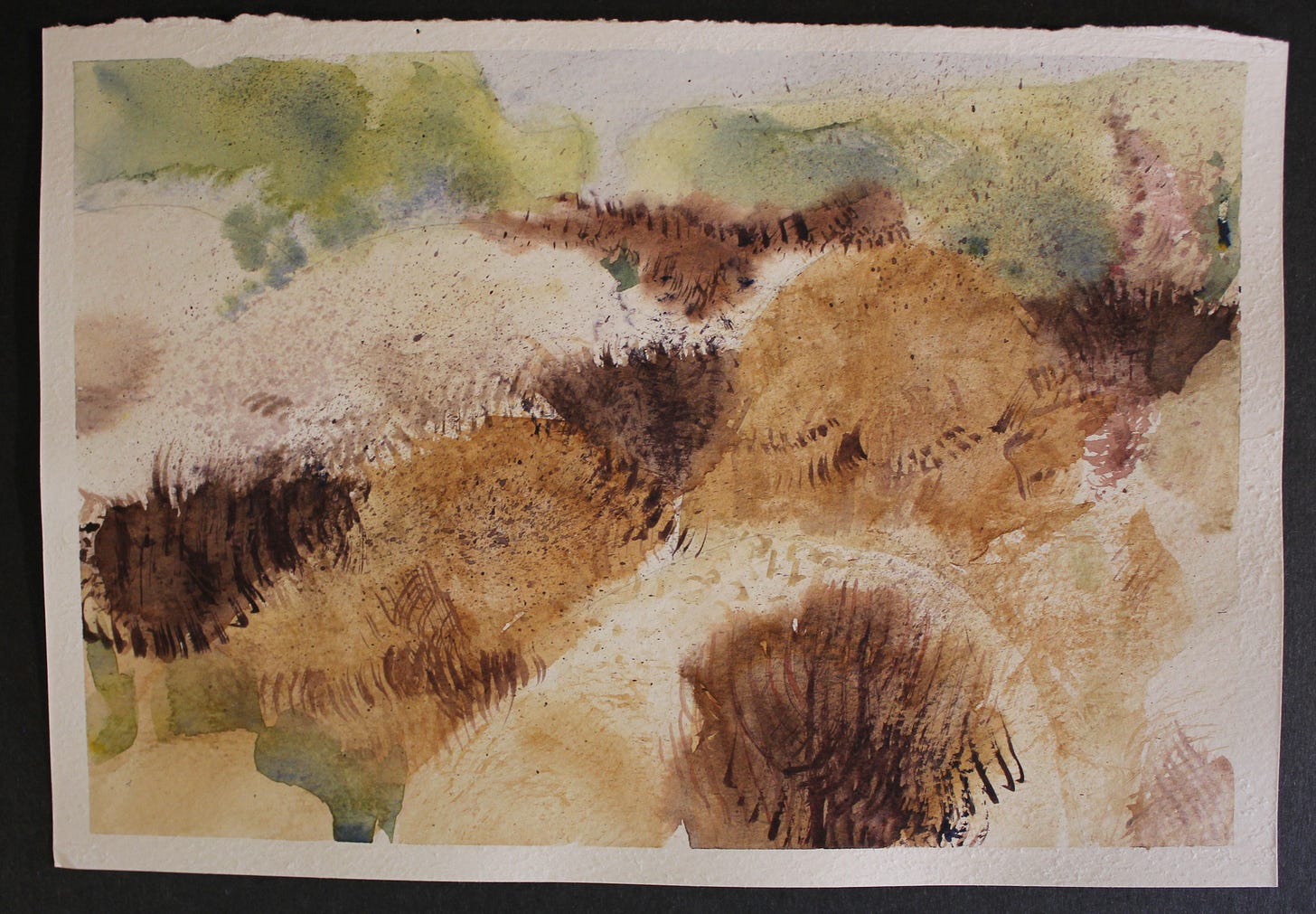 Abstract watercolor painting of grassy hills in earthy brown tones with textured brush marks and hints of green foliage.