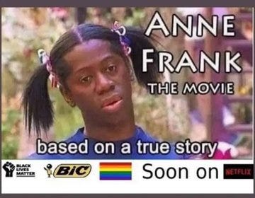 The image is a meme styled as a movie poster for "Anne Frank: The Movie," with the tagline "based on a true story" and "Soon on Netflix." The background features a person with pigtails, resembling a young girl, which is likely intended to represent Anne Frank. The meme uses a popular format to satirize the idea of historical figures being turned into modern entertainment, specifically targeting Netflix's content choices. The post text from Kit (@Kit3562) links to this image in response to a comment about the average Netflix show, implying criticism or mockery of Netflix's programming decisions.