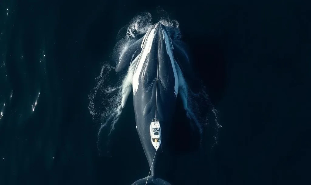 Aerial view of a small boat resting directly on the head of an immense whale just beneath the surface of dark water, showing a dramatic difference in scale. Aerial view of a small boat resting directly on the head of an immense whale just beneath the surface of dark water, showing a dramatic difference in scale.