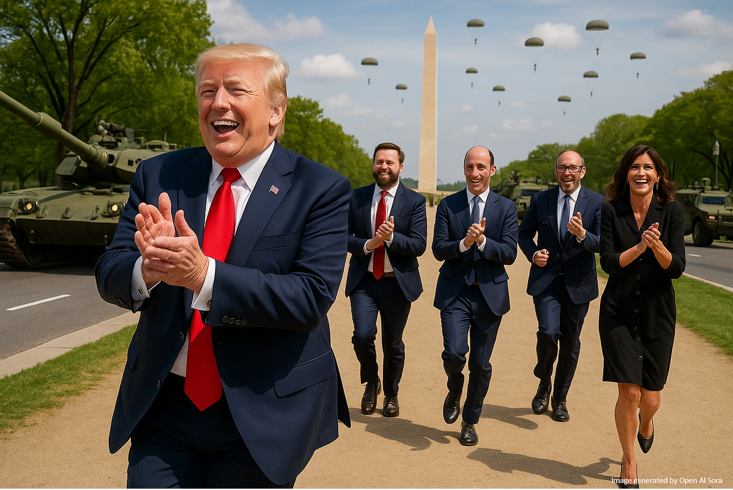Picture of Donald Trump happily skipping along the Washington Mall, followed by JD Vance, Stephen Miller, Russell Vought and Kristi Noem. There are military vehicles on the streets and paratroopers in the sky in the background.