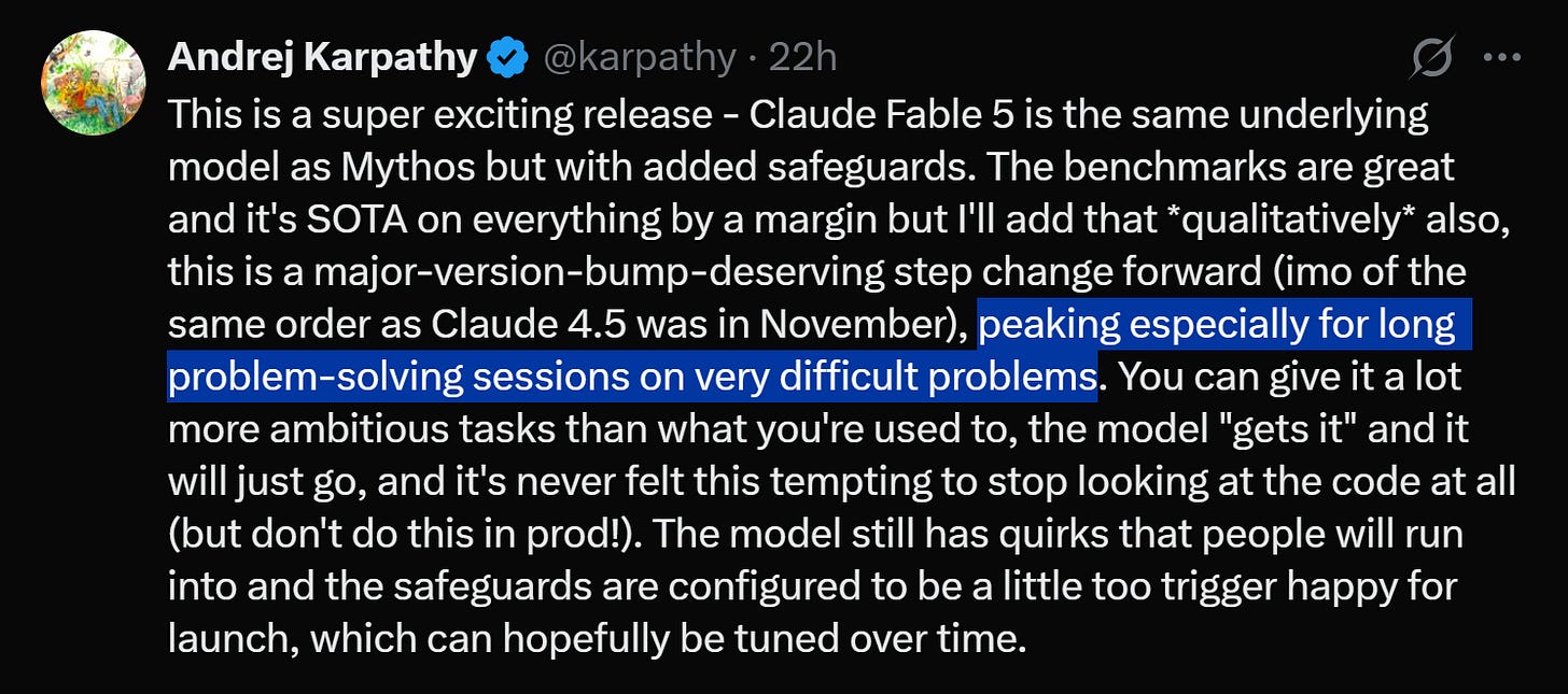 Andrej Karpathy on Claude Fable 5: a major-version-bump-deserving step change forward