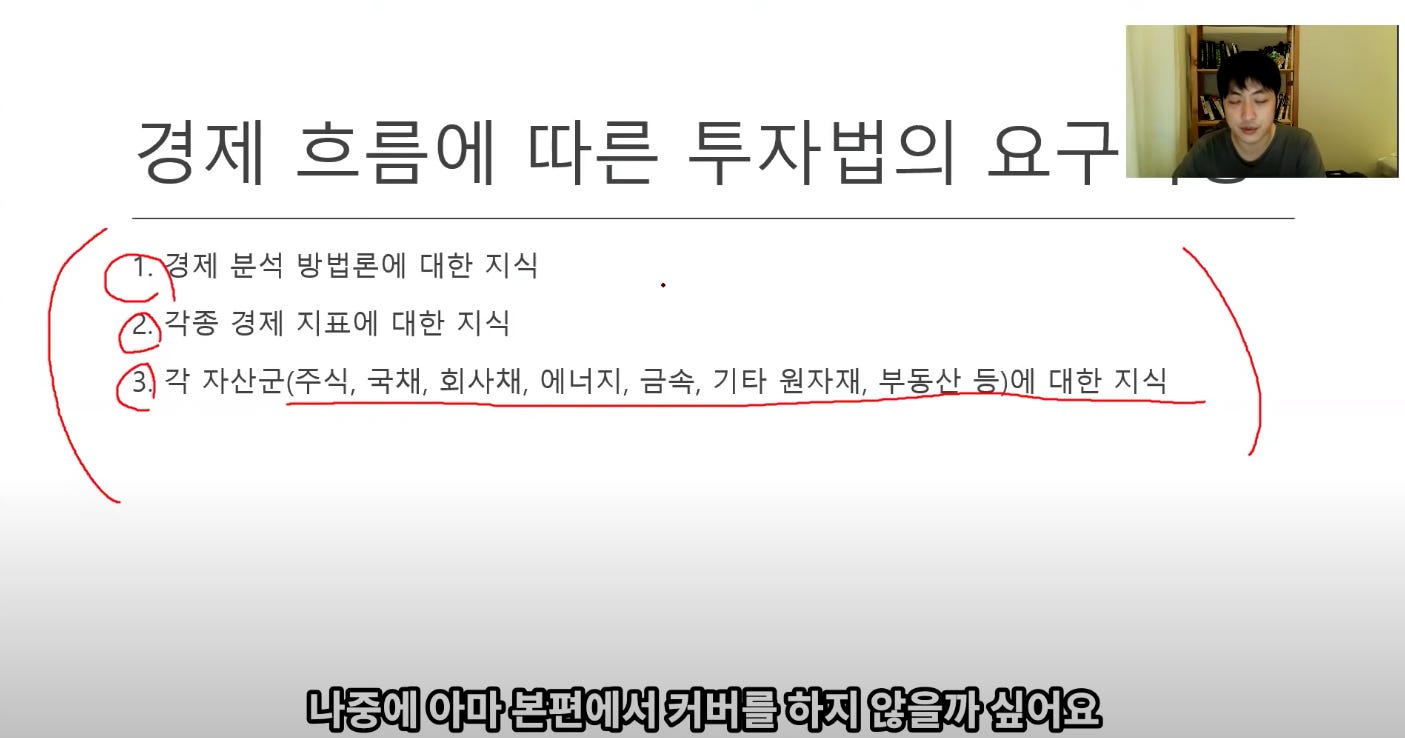 경제 흐름에 따른 투자법의 요구
CY제 분석 방법론에 대한 지식
0각종 경제 지표에 대한 지식
@각 자산군(주식, 국재, 회사채, 에너지, 금속, 기타 원자재, 부동산 치에 대한 지식
나중에 아마 본편에서 커버를 하지 않을까 싶어요 경제 흐름에 따른 투자법의 요구
CY제 분석 방법론에 대한 지식
0각종 경제 지표에 대한 지식
@각 자산군(주식, 국재, 회사채, 에너지, 금속, 기타 원자재, 부동산 치에 대한 지식
나중에 아마 본편에서 커버를 하지 않을까 싶어요
