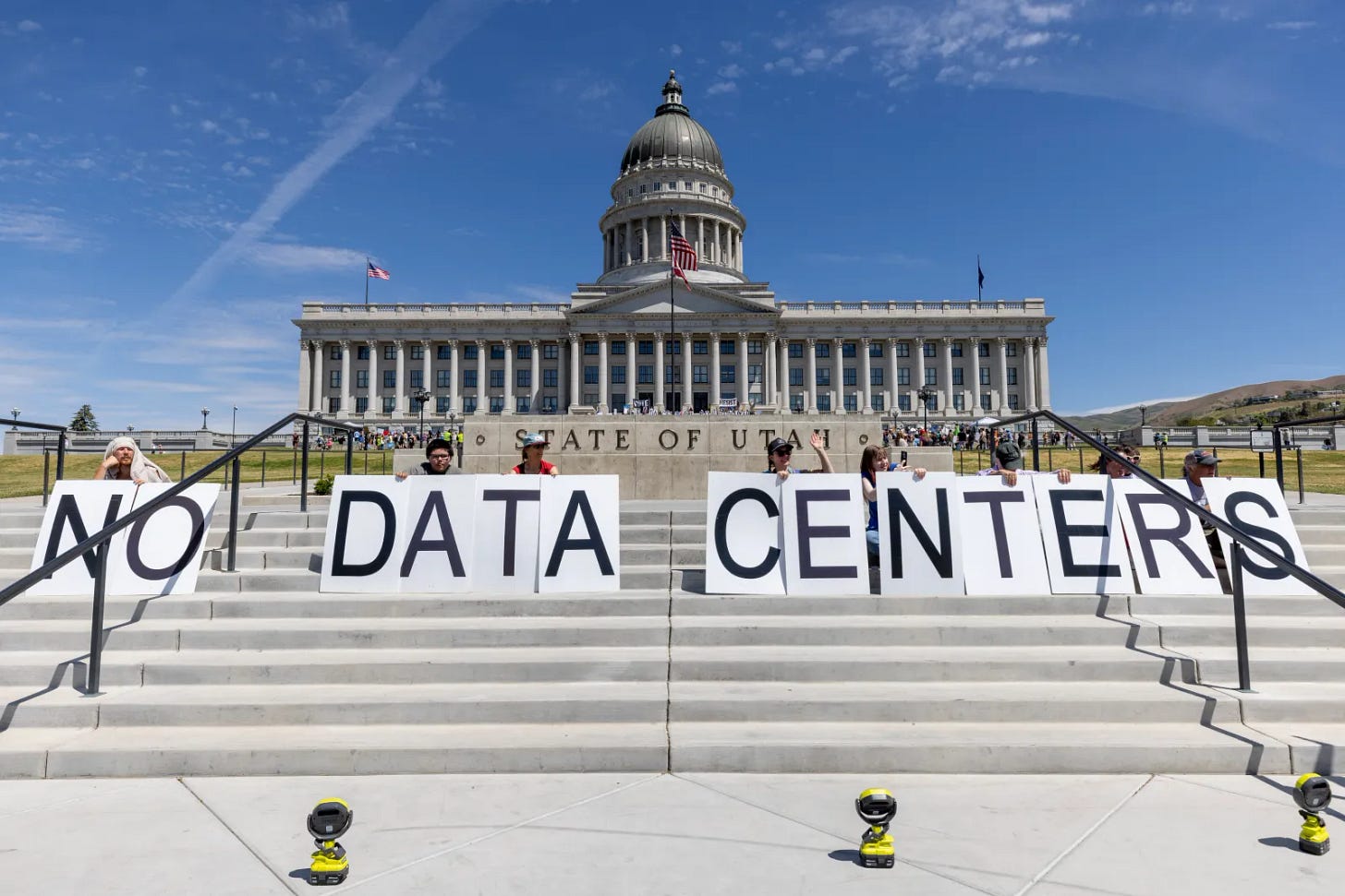 Demonstrators oppose the construction of the Stratos data center at the Utah State Capitol in Salt Lake City on May 23, 2026.