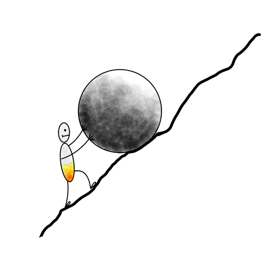 Visual metaphor of pushing a heavy burden uphill - representing the struggle of undervaluing yourself Visual metaphor of pushing a heavy burden uphill - representing the struggle of undervaluing yourself