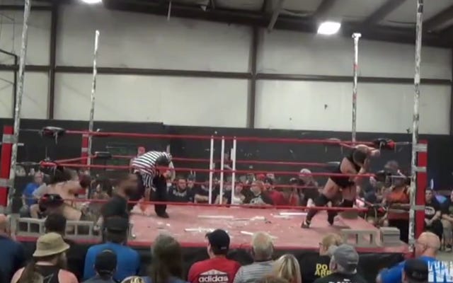 [Screenshot: Moore wanders around the ring]