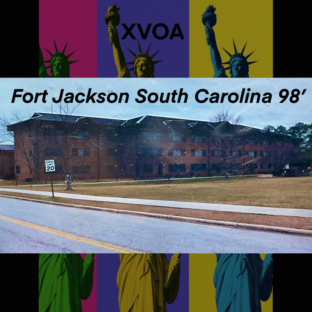 A picture of a barracks and the text Fort Jackson South Carolina above in text sitting on a backdrop of pop art Statue of Liberty’s.