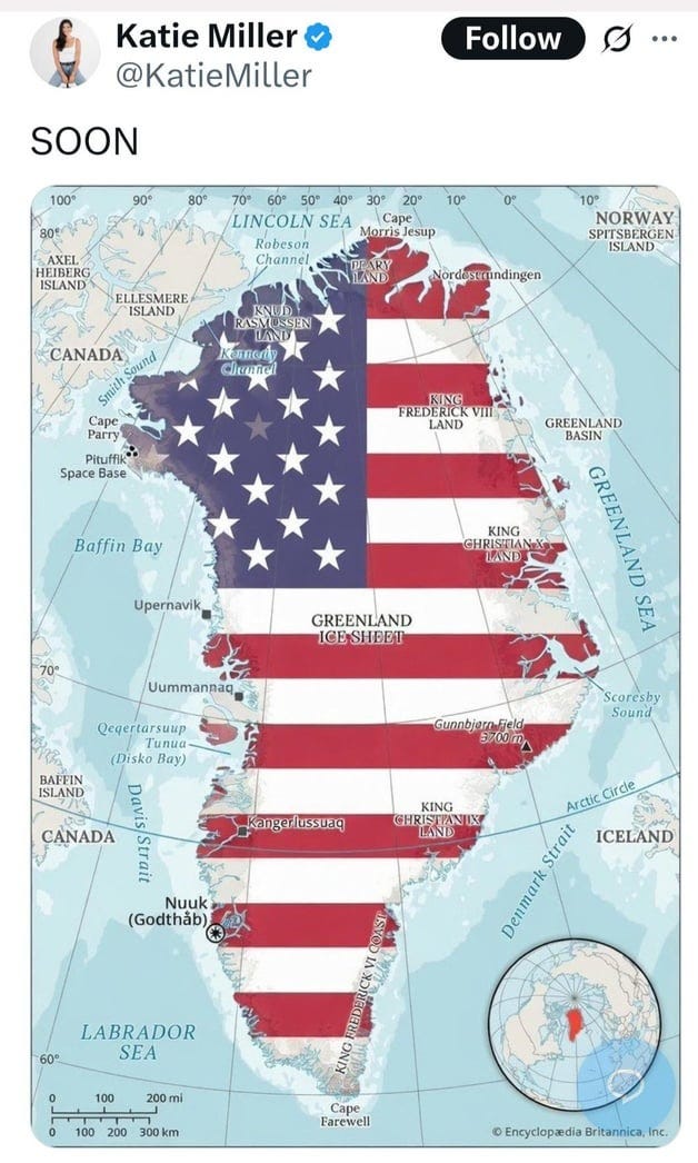 r/Fauxmoi - Stephen Miller’s wife, Katie Miller, posted this about the US planning to take over Greenland soon