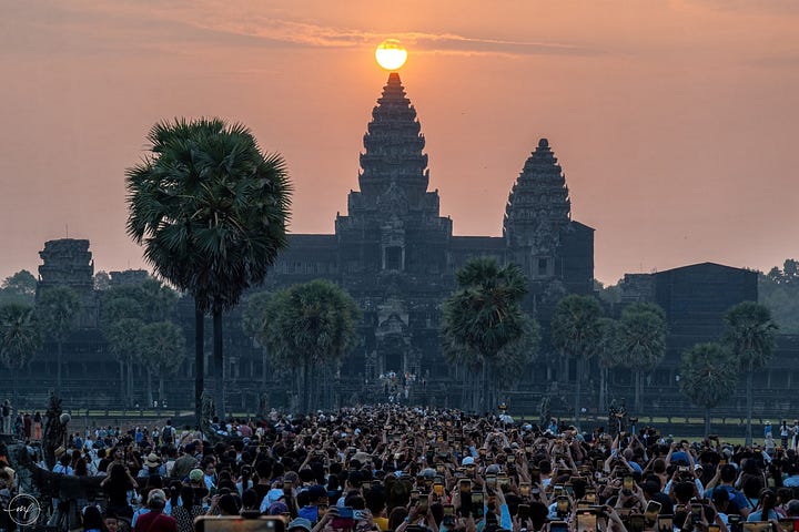 On the spring equinox, the sun rises exactly on the central peak of the temple in Cambodia called Angkor Wat.