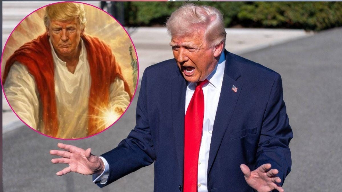 Composite photo of Donald Trump and AI image of him as Jesus. Composite photo of Donald Trump and AI image of him as Jesus.