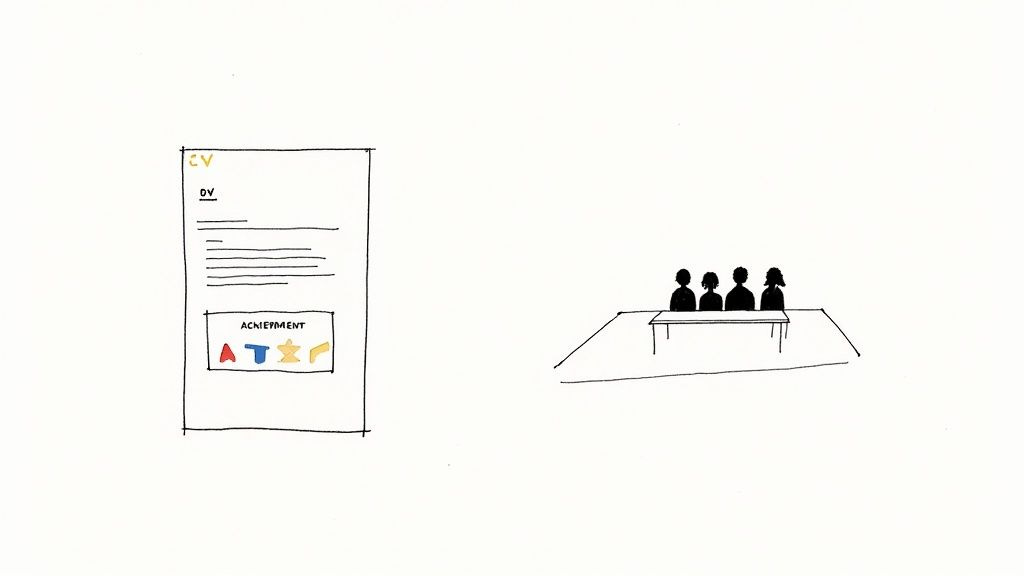 A hand-drawn illustration depicting a CV with an 'Achievement' section and four people at an interview table.