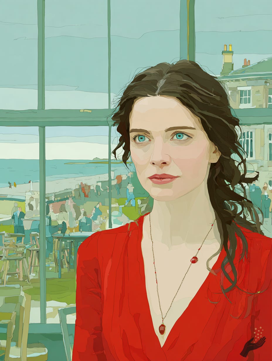 Portrait of a dark-haired person in a red top standing before large windows overlooking a bright coastal city or harbor. Portrait of a dark-haired person in a red top standing before large windows overlooking a bright coastal city or harbor.
