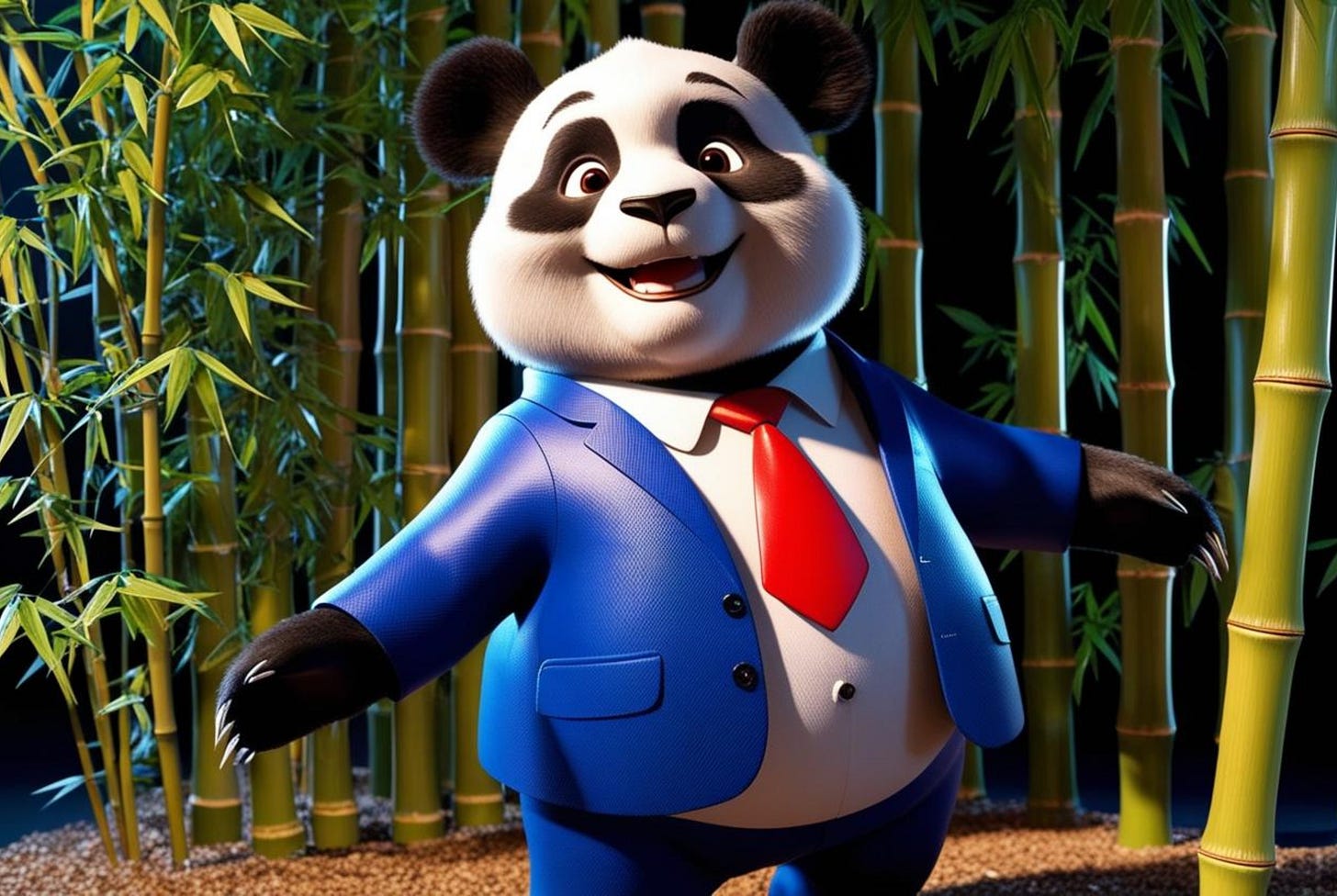 Illustration of a smiling cartoon panda wearing a blue suit and red tie