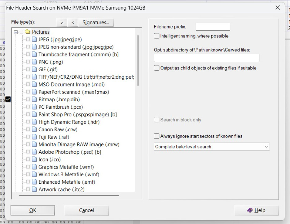 A screenshot showing the options for the file carving function in the WinHex tool.