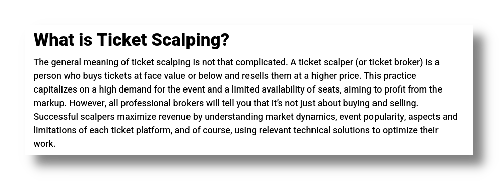 What is ticket scalping, described by an anti-detect browser's ticket scalping solution page.