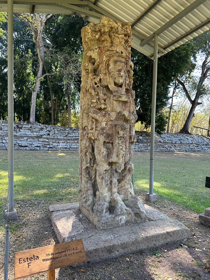 Stelae representing Washaklahun-Ubah-K'awil, known as 18-Rabbit in the Great Plaza of Copán