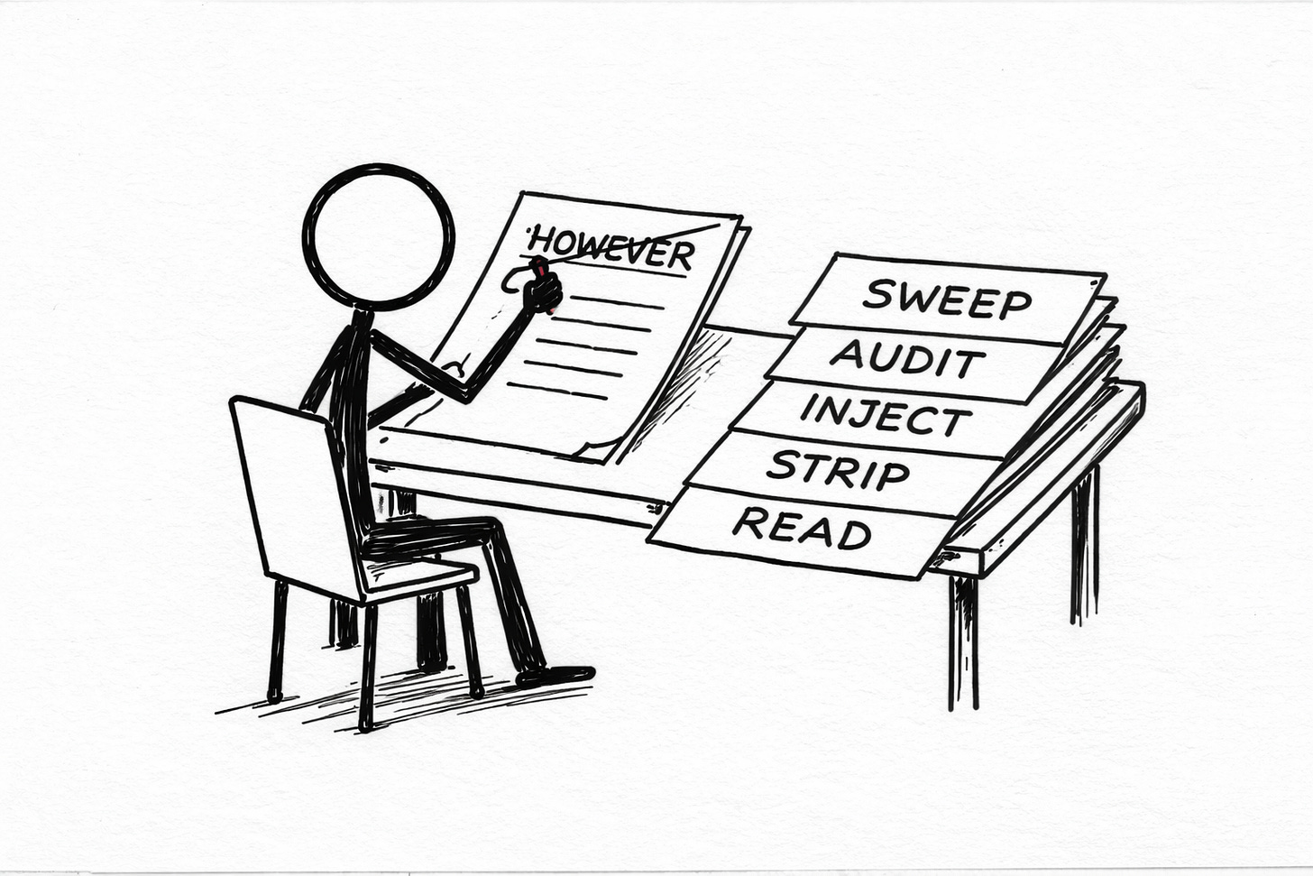 Hand-drawn Sharpie doodle of a stick figure at a desk crossing out the word However on a draft page, with five stacked editing steps labeled Sweep Audit Inject Strip Read showing a 15-minute pre-publish checklist to fix AI-detected writing. Hand-drawn Sharpie doodle of a stick figure at a desk crossing out the word However on a draft page, with five stacked editing steps labeled Sweep Audit Inject Strip Read showing a 15-minute pre-publish checklist to fix AI-detected writing.