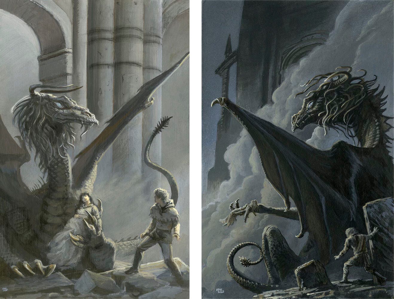 LEFT: Tonal alternate preliminary concept for DRAGONSBANE featuring a dragon propping up an unconscious woman while a man is taken aback by the sight of it. The dragon has two forward facing horns atop its head and a shaggy mane that droops partly down its long neck. Thoughtful eyes focus overhead and off panel right. Its wings are flared out at a 45 degree angle and its tail winds with bristly barbed end pointed up. Behind it rises a cluster of structural pillars with adjacent archways so large the they cut off on both sides of the panel.  RIGHT: Darker tonal alternate preliminary concept for DRAGONSBANE. Set against a castle backdrop mostly covered by drifting smoke, the dragon is facing left with a view from behind slightly obscured by one wing extended. Tendrils on its head take on a snakelike appearance, lifting and facing the same direction as one curving horn as seen in profile. Atop its clawed forelimb it holds an unconscious woman in gentle offering. Just below, its tail curls ending in a bristle of barbs. In the lower foreground right, a man emerges from behind the cover of a stone monolith to spy the scene.