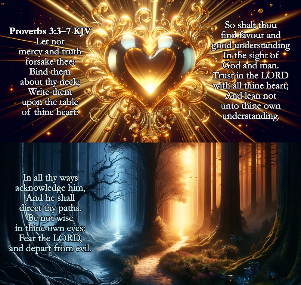 Proverbs 3:3–7 KJV Valentine's Day Card - Let not mercy and truth forsake thee: Bind them about thy neck; Write them upon the table of thine heart: So shalt thou find favour and good understanding In the sight of God and man. Trust in the Lord with all thine heart; And lean not unto thine own understanding. In all thy ways acknowledge him, And he shall direct thy paths. Be not wise in thine own eyes: Fear the Lord, and depart from evil. 