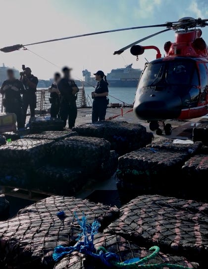 The US Coast Guard Cutter James, loaded with 46,500 pounds of drugs seized during a 92-day deployment in the Pacific Ocean The US Coast Guard Cutter James, loaded with 46,500 pounds of drugs seized during a 92-day deployment in the Pacific Ocean
