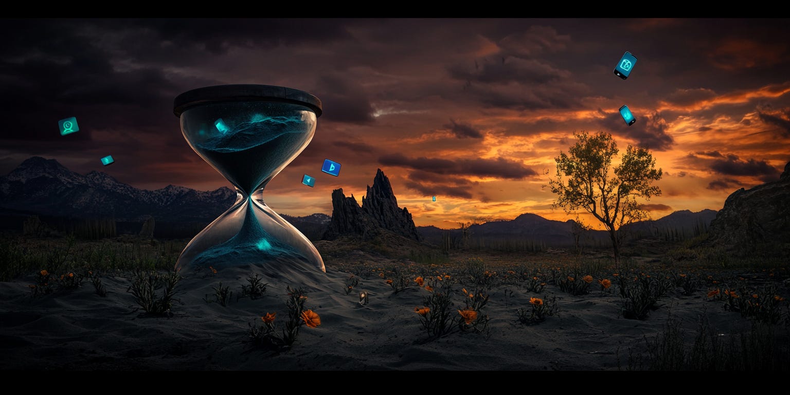 A surreal digital art piece showing a giant hourglass in a minimalist desert landscape. 