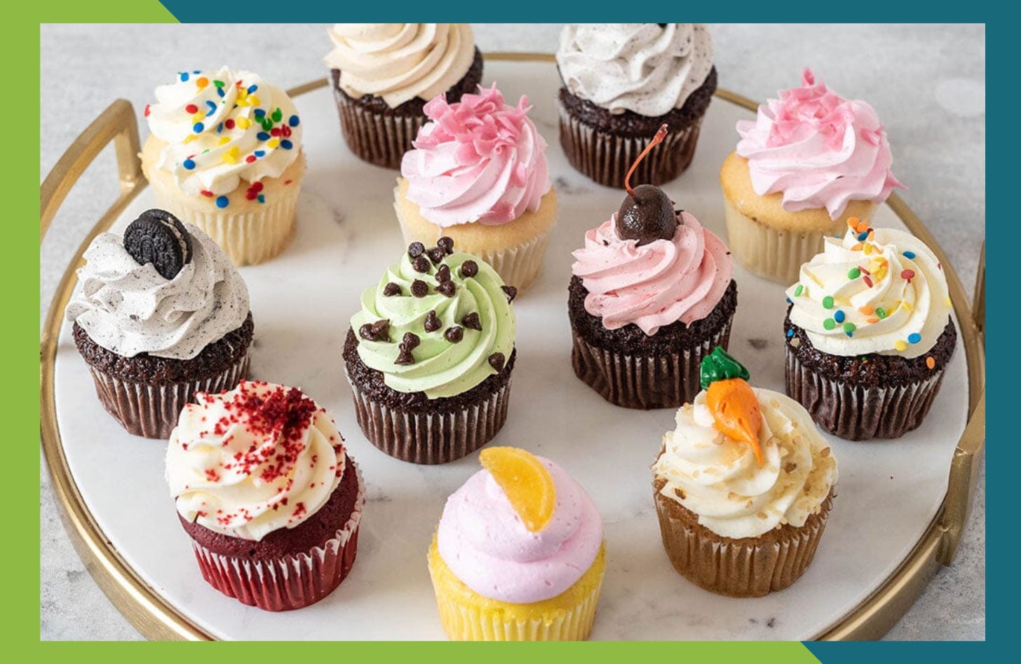 Photo of highly decorated cupcakes on a platter Photo of highly decorated cupcakes on a platter