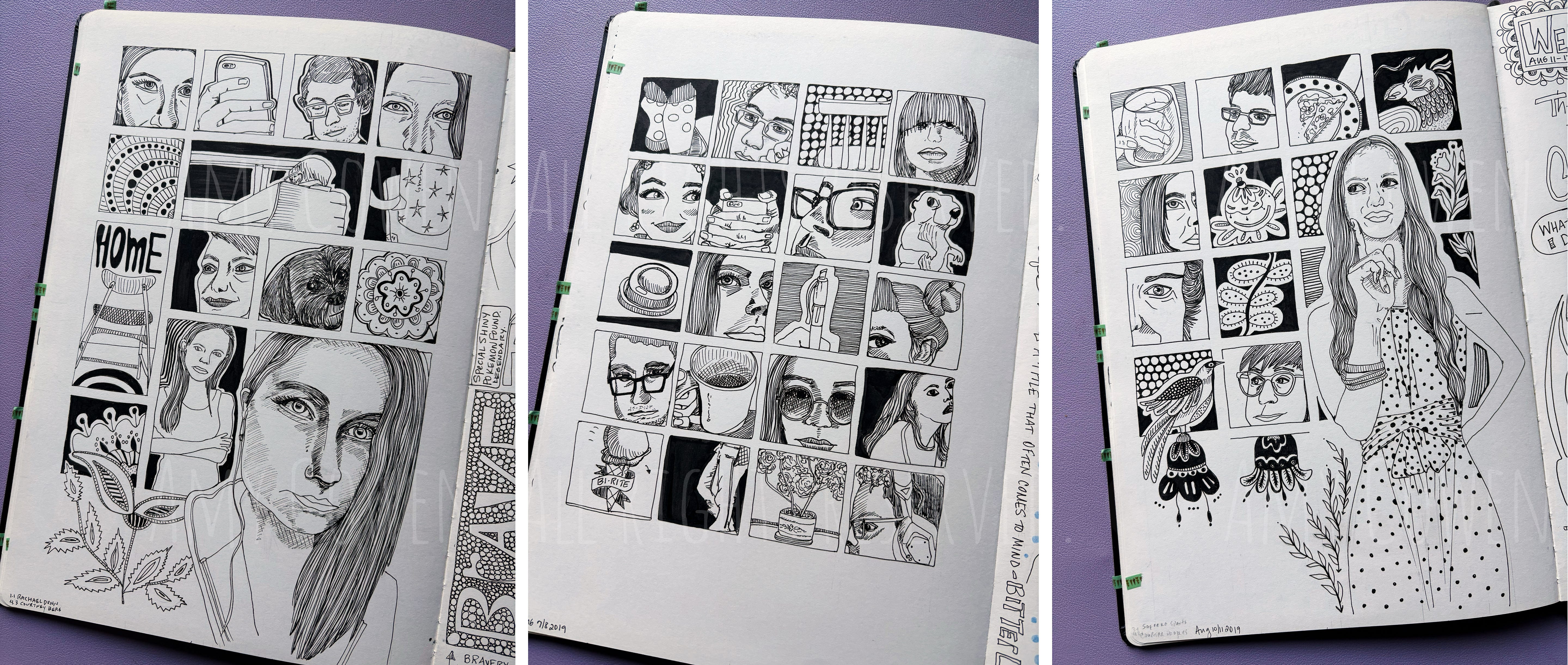 Pages in an illustrated journal that demonstrate a grid layout Pages in an illustrated journal that demonstrate a grid layout