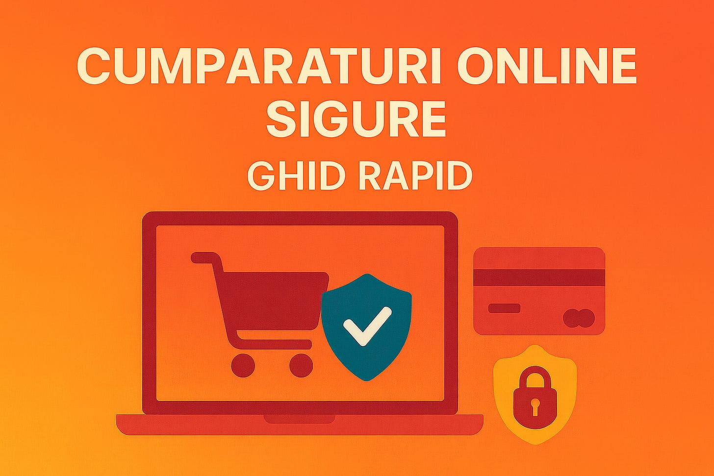 Ilustrație vectorială flat 16 : 9 pe gradient portocaliu-roșu, cu titlul alb «CUMPARATURI ONLINE SIGURE – GHID RAPID» și un laptop ce afișează un coș de cumpărături protejat de un scut cu bifă; alături se văd un card bancar și un badge lacăt, simbolizând securitatea tranzacțiilor online.