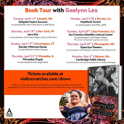 This is a collage of nine graphics -- one white one to announce the full tour and the other eight in various jewel tones to announce the individual shows. I don't want to kill you with too much alt text, so all I'll say here is each graphic features a picture of my book cover on the right hand side and small, round photos of each of the conversation partners. But each poster has the same info that's in the body of this email! I hope that is sufficiently informative! Annoyingly, Substack won't let me do ALT-text for each individual photo.