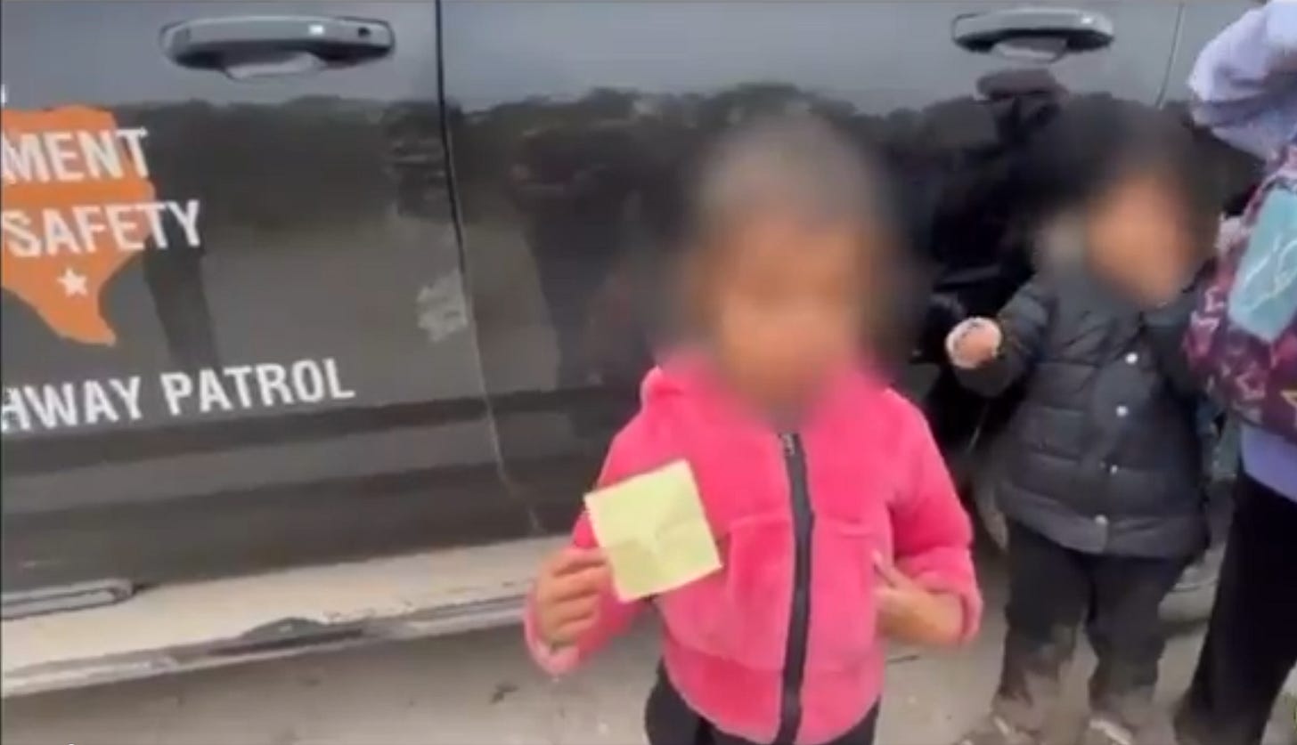 This two-year-old child from El Salvador, who was brought across the border with other children then abandoned by cartel human smugglers, presents paper with a name and a US telephone number to a Texas Highway Patrol officer who encountered her near the border with Mexico in November, 2024. (Texas Department of Public Safety image) This two-year-old child from El Salvador, who was brought across the border with other children then abandoned by cartel human smugglers, presents paper with a name and a US telephone number to a Texas Highway Patrol officer who encountered her near the border with Mexico in November, 2024. (Texas Department of Public Safety image)