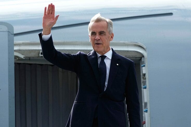 Photo of Prime Minister Mark Carney waving in front of the open door to a plane. Photo of Prime Minister Mark Carney waving in front of the open door to a plane.