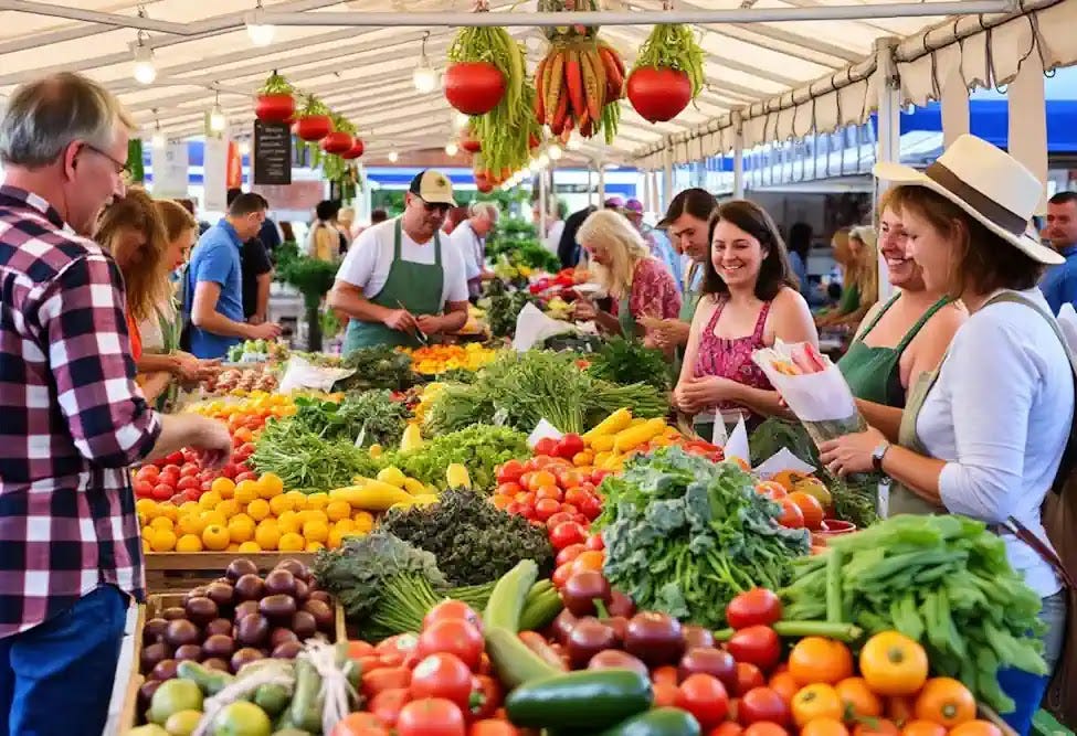 Farmers Market Scene A vibrant farmers market scene with colorful fruits, vegetables, and happy customers interacting with farmers.