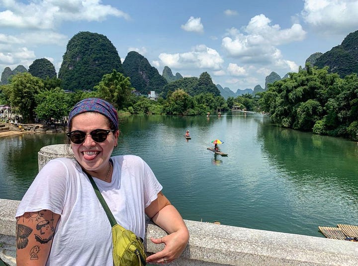 Two photos side by side of Lili in Istria, Croatia (left) and Yangshuo, China (right).
