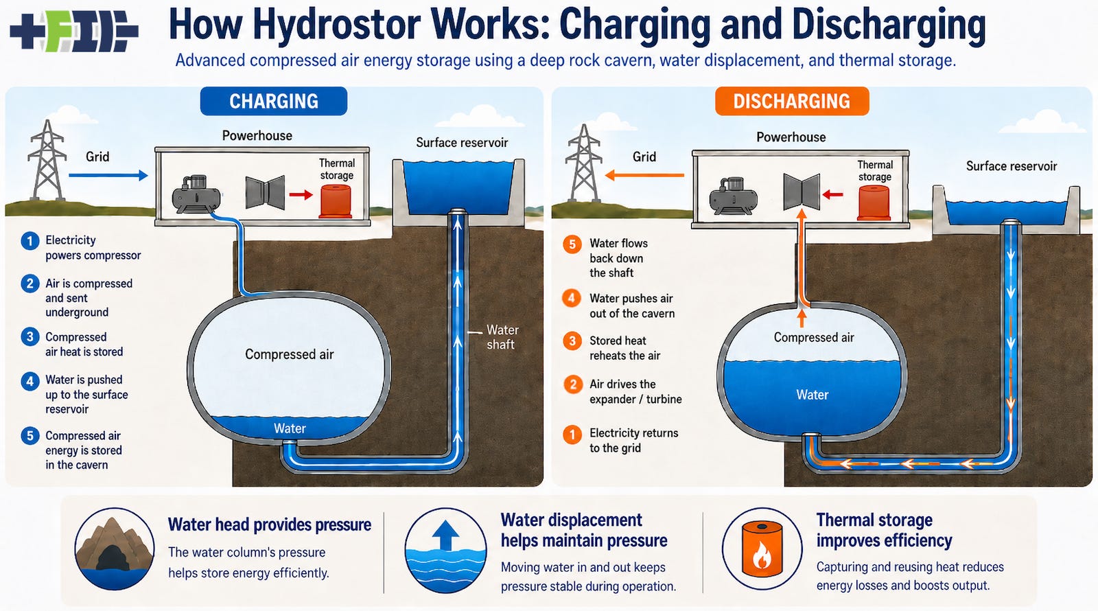 Infographic of the basics of Hydrostor's underground pumped hydro approach by author with ChatGPT