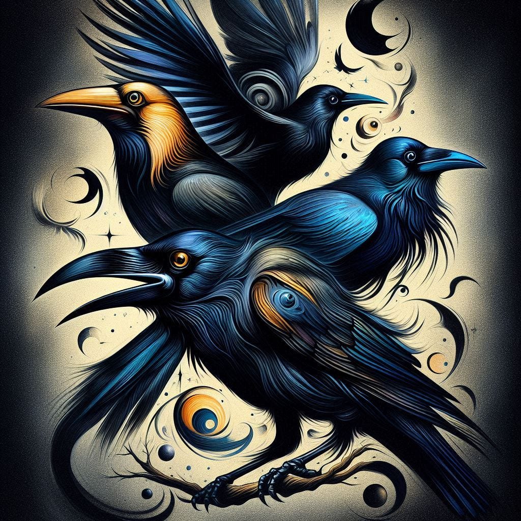 a blackbird, a crow, and a raven in the style of salvador dali