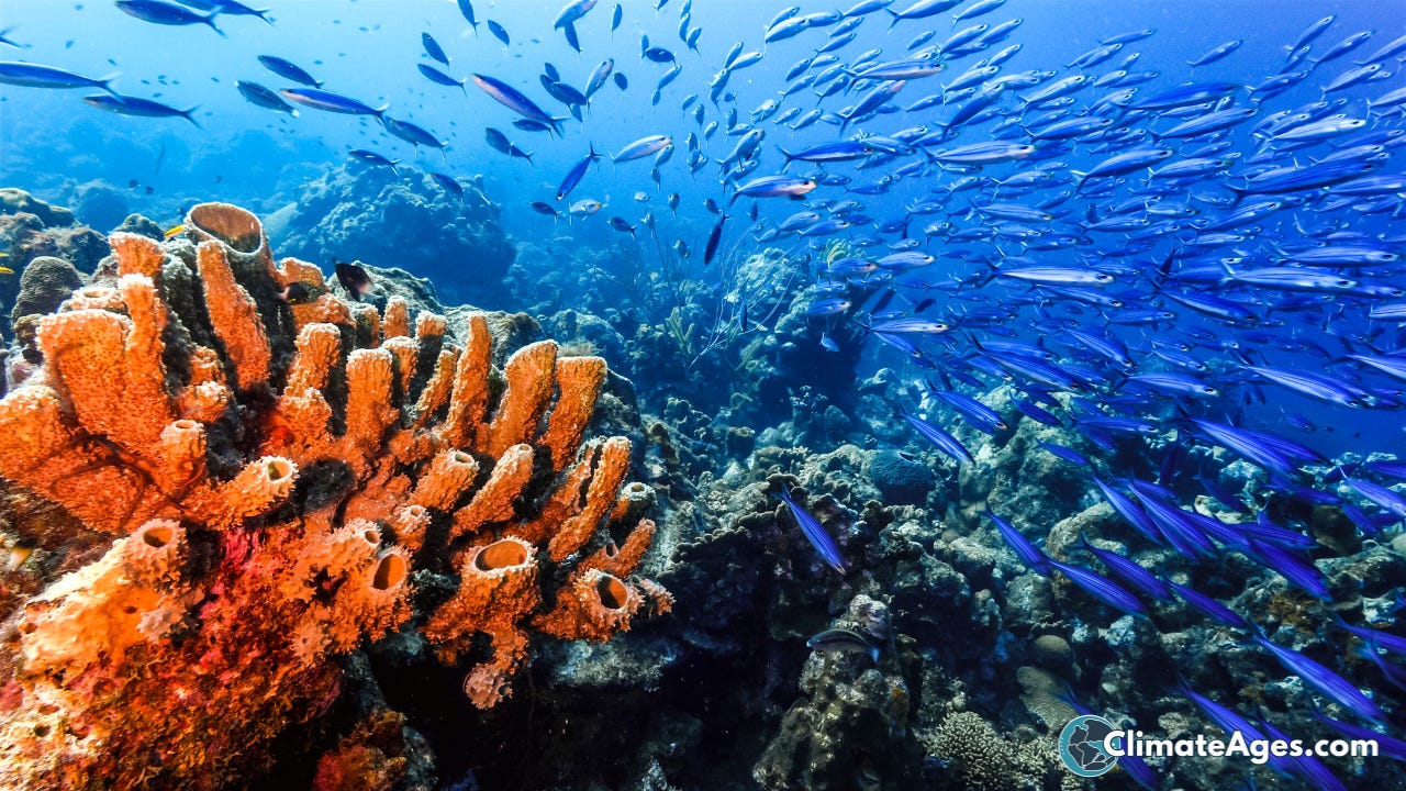 Underwater photograph of a Caribbean coral reef. Bright orange tube sponges grow on rocky coral in the foreground, while a large school of slender blue fish swims across clear blue water above the reef. The seafloor is covered with corals and reef structures.