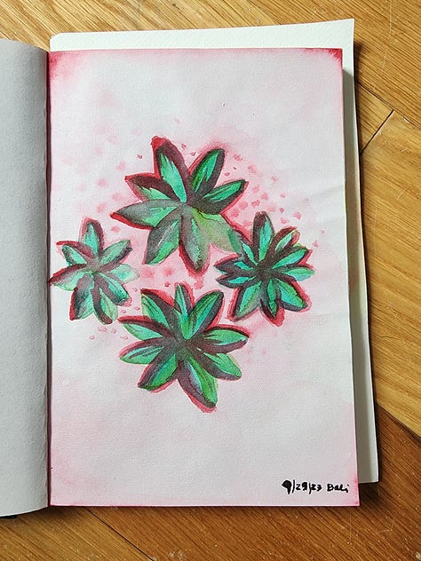 series of watercolor paintings in a sketchbook with flowers, roots, palm trees, and abstract artworks